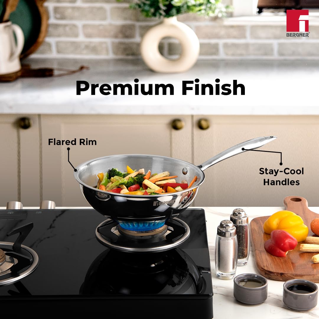 Bergner Argent Triply 22 cm Wok, 2.2 L Capacity, Stainless Steel Lid, For Stir-Fry/Sauté/Noodles/Fried Rice/Shallow Fry/Curries, Heat Resistant Handle, Multi-Layered Mirror Finish, Induction & Gas Ready, 5-Year Warranty
