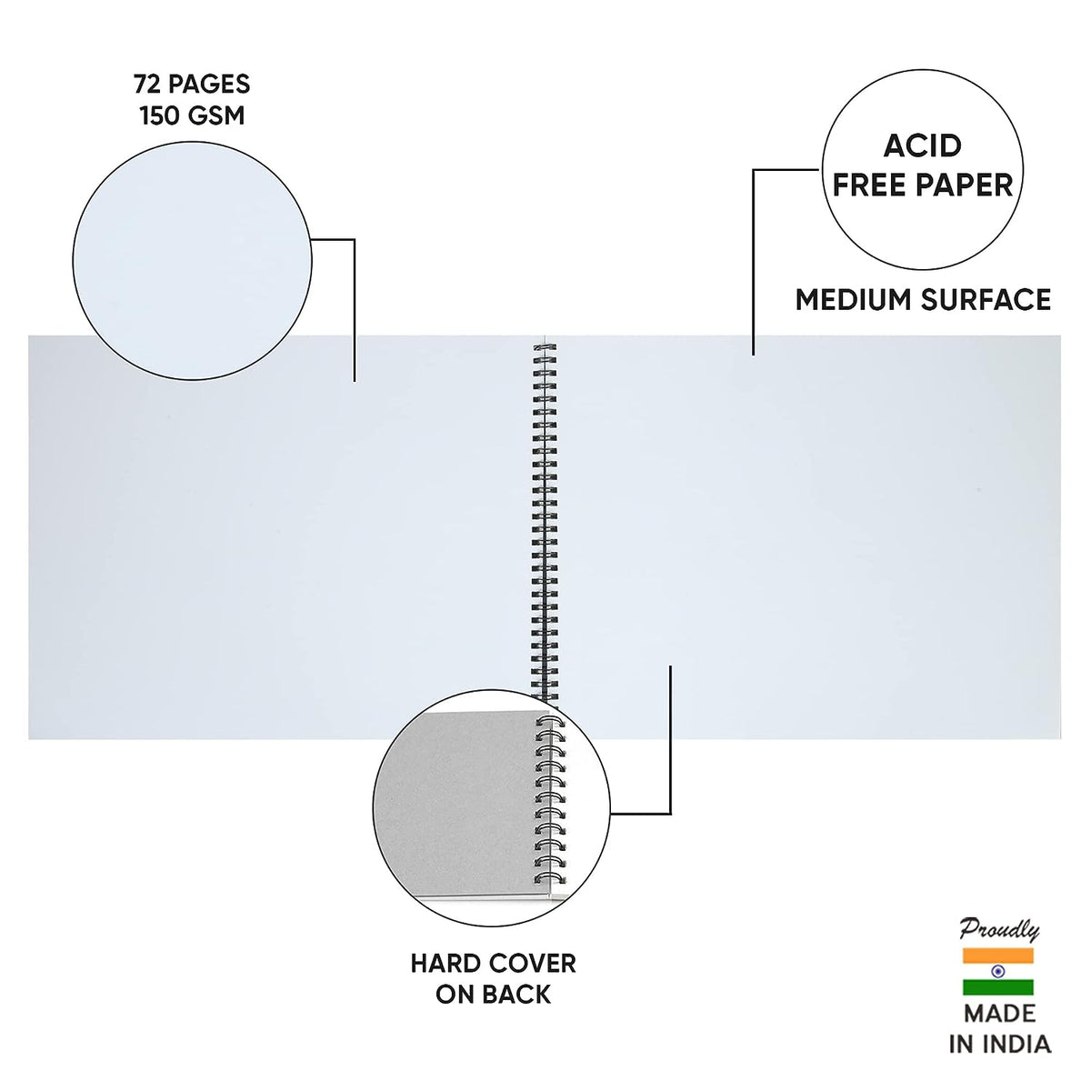Doms Wiro Binding Notebook | Sketch Pad | Plain | 150GSM | 72 Pages | 29.7 x 42 cm | Pack of 1