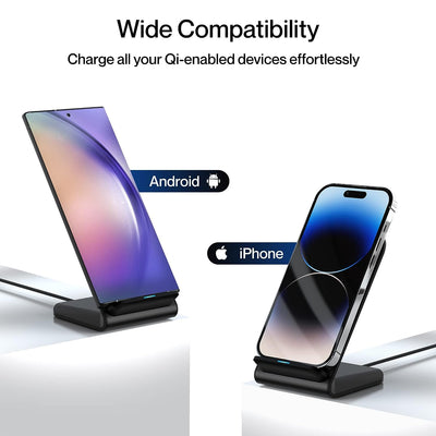Ambrane 15W Wireless Charging Stand for iPhone 14/13/12 Series, Galaxy S23/S22/S21/S20/Note20 Series, OnePlus 9/9 Pro, Apple Watch & Other Qi Devices (Powerpod, Black)