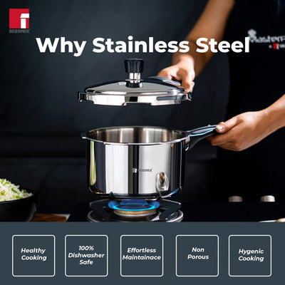 Bergner Sorrento Stainless Steel 2 Litres Outer Lid Pressure Cooker, 2 L Cooker with Outer Lid and Triply Base, Heavy Bottom, Easy Open and Close, Healthy Cooking, Induction Bottom and Gas Stove Ready