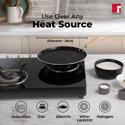 Bergner Bellini Plus Aura 5-Layer Non-Stick 28 cm Dosa Tawa, Soft Touch Wooden Finish Handle, Food Safe, PFOA Free, Even Heat Distribution, 4mm Thickness, Induction Bottom, 1-Year Warranty - Black