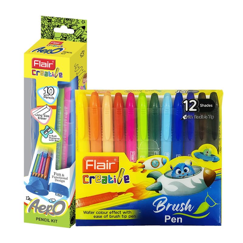 Flair Creative Series 10 Wooden Aero Pencil Kit & 12 Bright Multicolor Shades Brush Pen Art Combo Pack