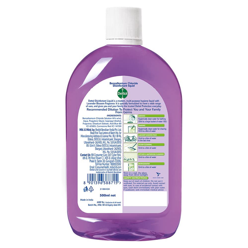 Dettol Liquid Disinfectant for Floor Cleaner, Surface Disinfection, Personal Hygiene (Lavender Blossom, 500ml)