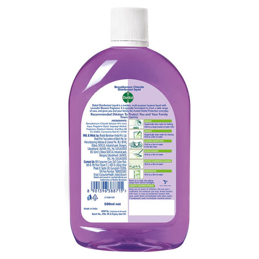 Dettol Liquid Disinfectant for Floor Cleaner, Surface Disinfection, Personal Hygiene (Lavender Blossom, 500ml)