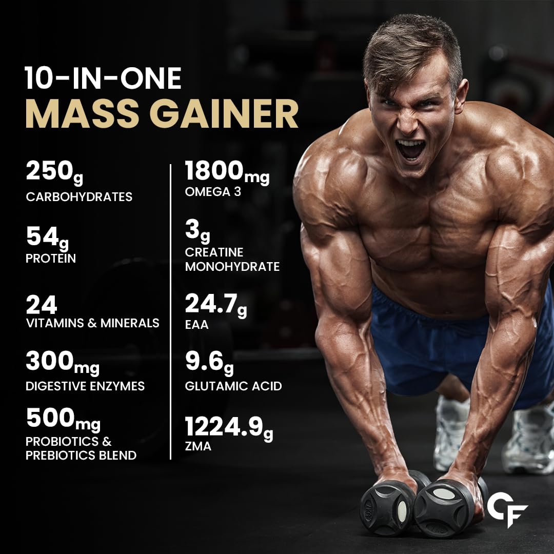 Carbamide Forte Mass Gainer with 54g Protein, 250g Carbs, Multivitamin, ZMA & Creatine 3g - Weight Gainer for Men & Women - Vanilla Banana Flavour - 1kg