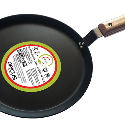 amicus Kitchen Premium Iron Tawa for Dosa Roti Chapati, Flat Iron Tava with Wooden Handle, Induction Friendly,10 Inch,1.2 Kg, Black