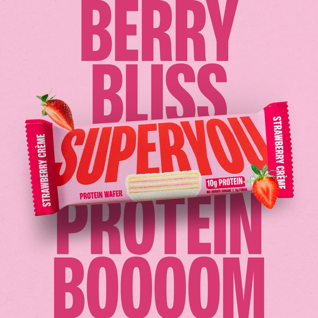 Superyou Strawberry Protein Wafer Bars (Pack Of 10)|10 Gram Protein, 3 Gram Fiber, No Added Sugar|Yeast Fermented Protein|Energy Bars|Crunchy Wafer Bar|100% Vegetarian|No Palm Oil|400 Gram