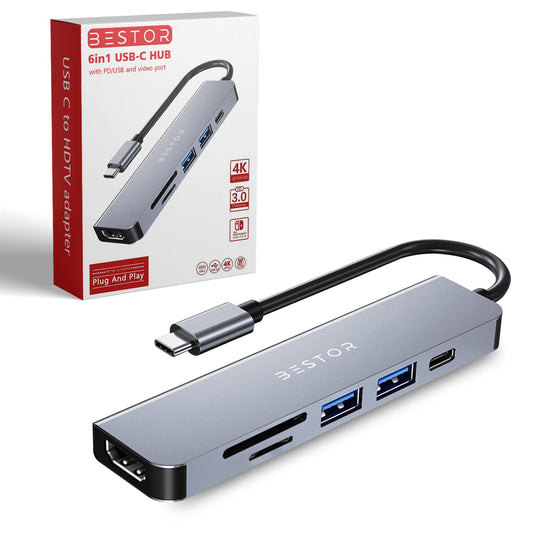 BESTOR® USB C Hub HDMI Adapter, 6 in 1 Multiport Dock for MacBook pro to HDMI 4k,2 USB 3.0 Ports SD/TF Card Reader 55W PD,Compatible for USB C Laptops Nintendo and Other Type C Devices
