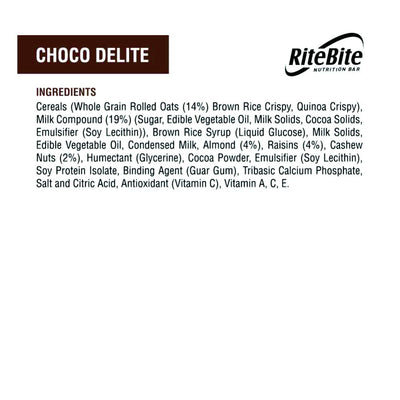 RiteBite Choco Delite Energy Snack Bar with Oats, Almonds & Dark Chocolate 480g - Pack of 12