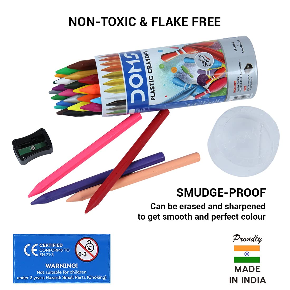 Doms Groove Non - Toxic Erasable Plastic Crayon Set With Case - 24 Assorted Shades - Plastic Crayon 28 Shades Round Tin