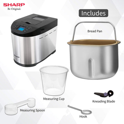 SHARP Atta and Bread Maker for Home, Kitchen | Fully Automatic Functions | 13 Pre Set Menu Including Gluten Free | 3 Crust Colours | Fruit & Nut Dispenser | LCD Display | Grey, Black I JAPAN QUALITY