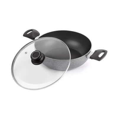 Cello Non Stick Hammered Tone Kadhai with Glass Lid 2.5 LTR, Black & Grey, Aluminium
