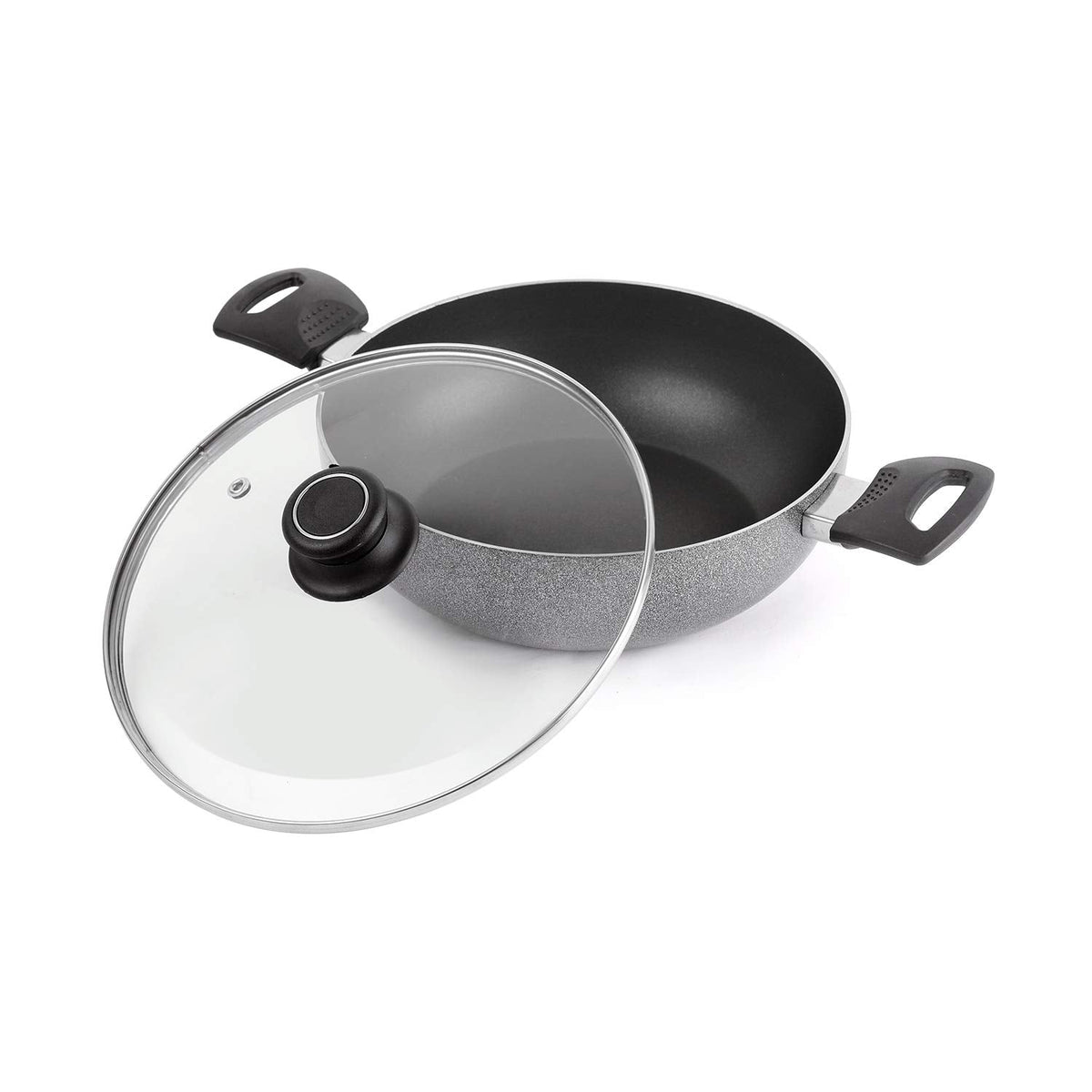 Cello Non Stick Hammered Tone Kadhai with Glass Lid 2.5 LTR, Black & Grey, Aluminium