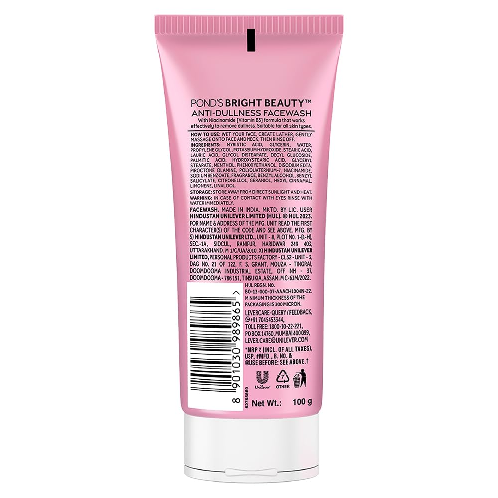 4x POND's Bright Beauty Anti-Dullness & Brightening Facewash With Niacinamide | For Glass-Skin Like Shine And With 4X Visibly Brighter Skin, 100Gm each - Pack of 4