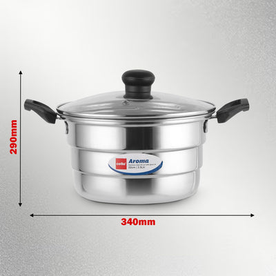 Cello Aroma Stainless Steel Idli Pot with Glass Lid with Multiple Plates 22cm, Silver, 3.5 liter | Compatible With Gas Stove & Induction | Ideal For Dhokla, Patra, Idli, and Momos