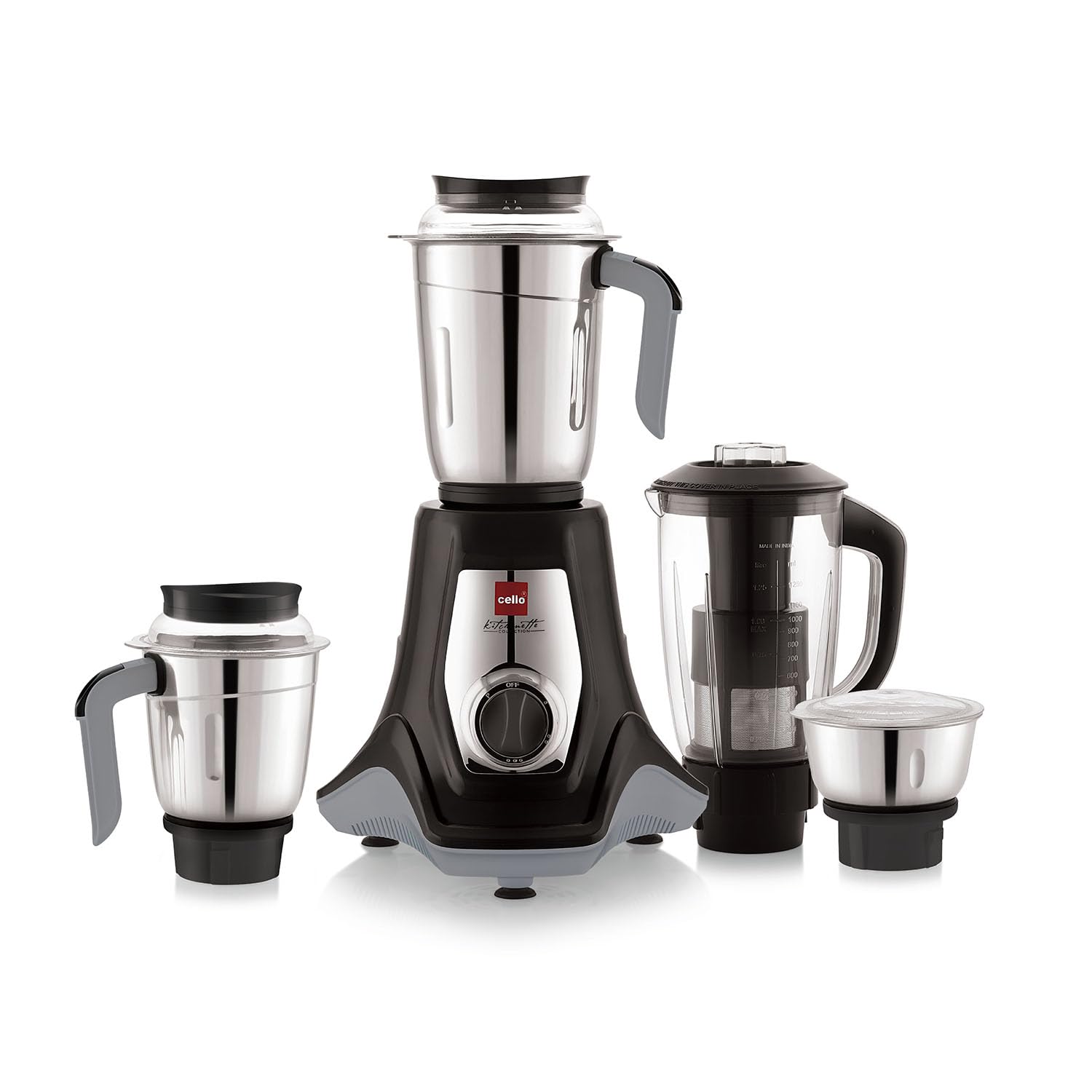 Cello Kitchenette Collection Levanate Pro Plus Mixer Grinder with 3 Jars & 1 Juicer | 500 Watts | 3X Speed Control | Set of 4 | Black