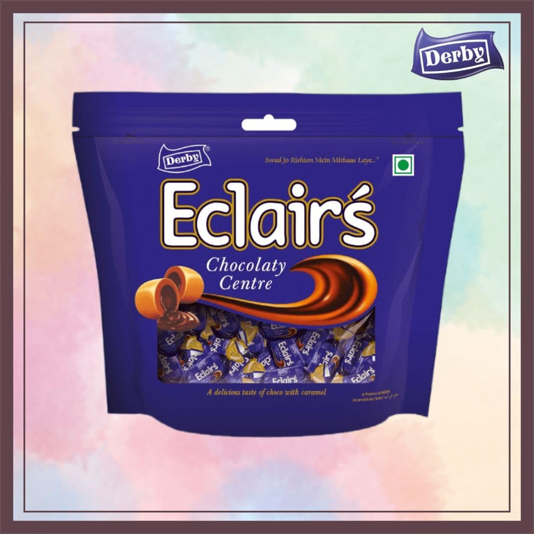 Derby Caramel Eclair Standy Pouch | 450 Grams | Chocolaty Center Filled Caramel Eclair | Easy To Store Pack | (2)