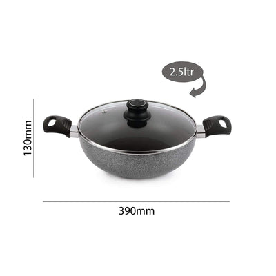 Cello Non Stick Hammered Tone Kadhai with Glass Lid 2.5 LTR, Black & Grey, Aluminium