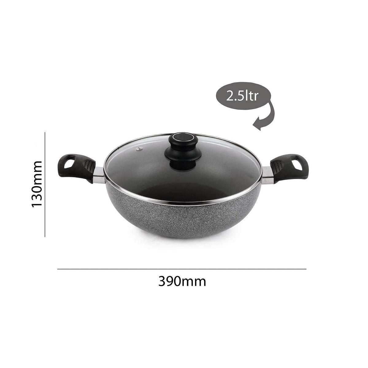 Cello Non Stick Hammered Tone Kadhai with Glass Lid 2.5 LTR, Black & Grey, Aluminium