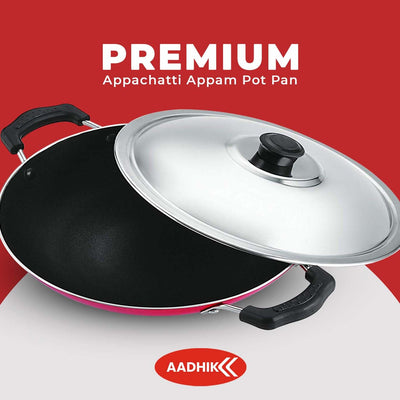 AADHIK Non-Stick Appa Chetty, Aluminium Appachatty, 23cm Diameter, 2.6mm Appachatti, Gas Compatible, Red