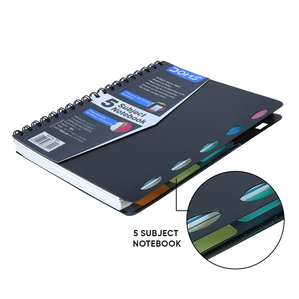 Doms Wiro Binding Notebook | 5 Subject Book | Single Line Ruled | 70GSM | 300 Pages | 25.0 x 17.8 cm | Pack of 1