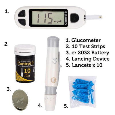 Control D Blood Glucose Sugar Testing Monitor with 10 Strips Glucometer (White)