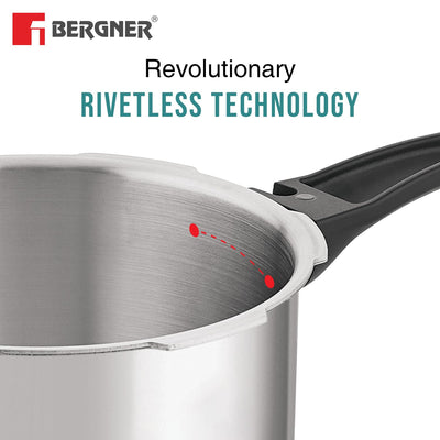 Bergner BE Bergner Essentials Tripro Triply Stainless Steel 3 Liters Outer Lid Pressure Cooker, Faster and Even Heating, Healthy Cooking, Easy to Clean, Full Induction Bottom and Gas Stove Ready