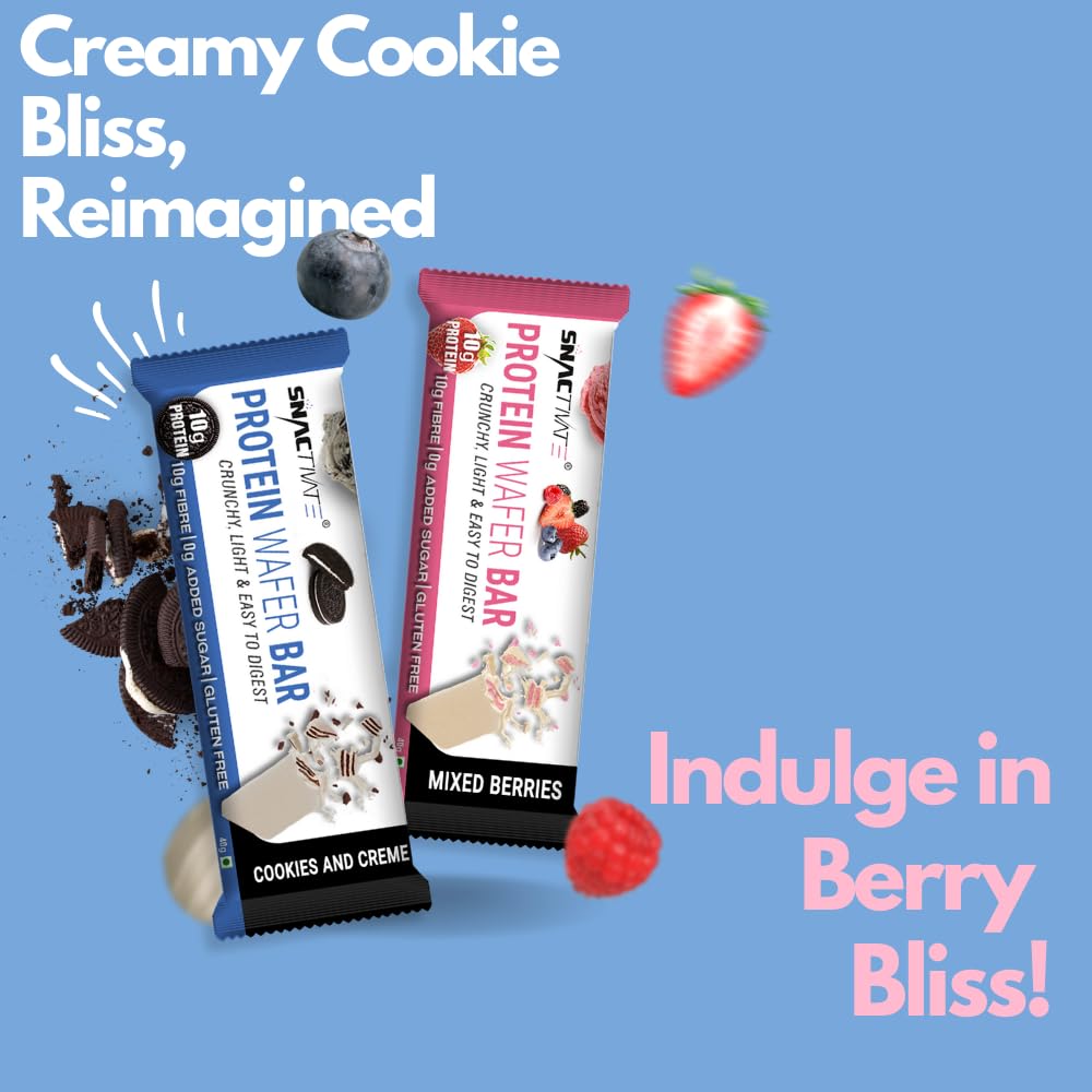 Snactivate Protein Wafer Bars Combo–Cookies & Creme and Mixed Berries (Pack of 12),10g Protein, 10g Fiber, Sugarfree, Gluten Free, Whey Protein, Keto Friendly, Energy Packed, Tasty & Crunchy in every bite, 12*40 gms