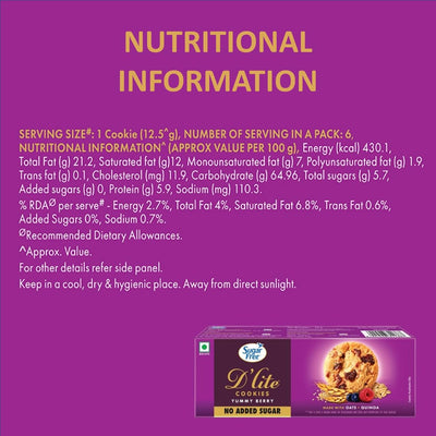 Sugar Free D’Lite Yummy Berry Cookies | Zero Added Sugar | Made with Oats & Quinoa 75g