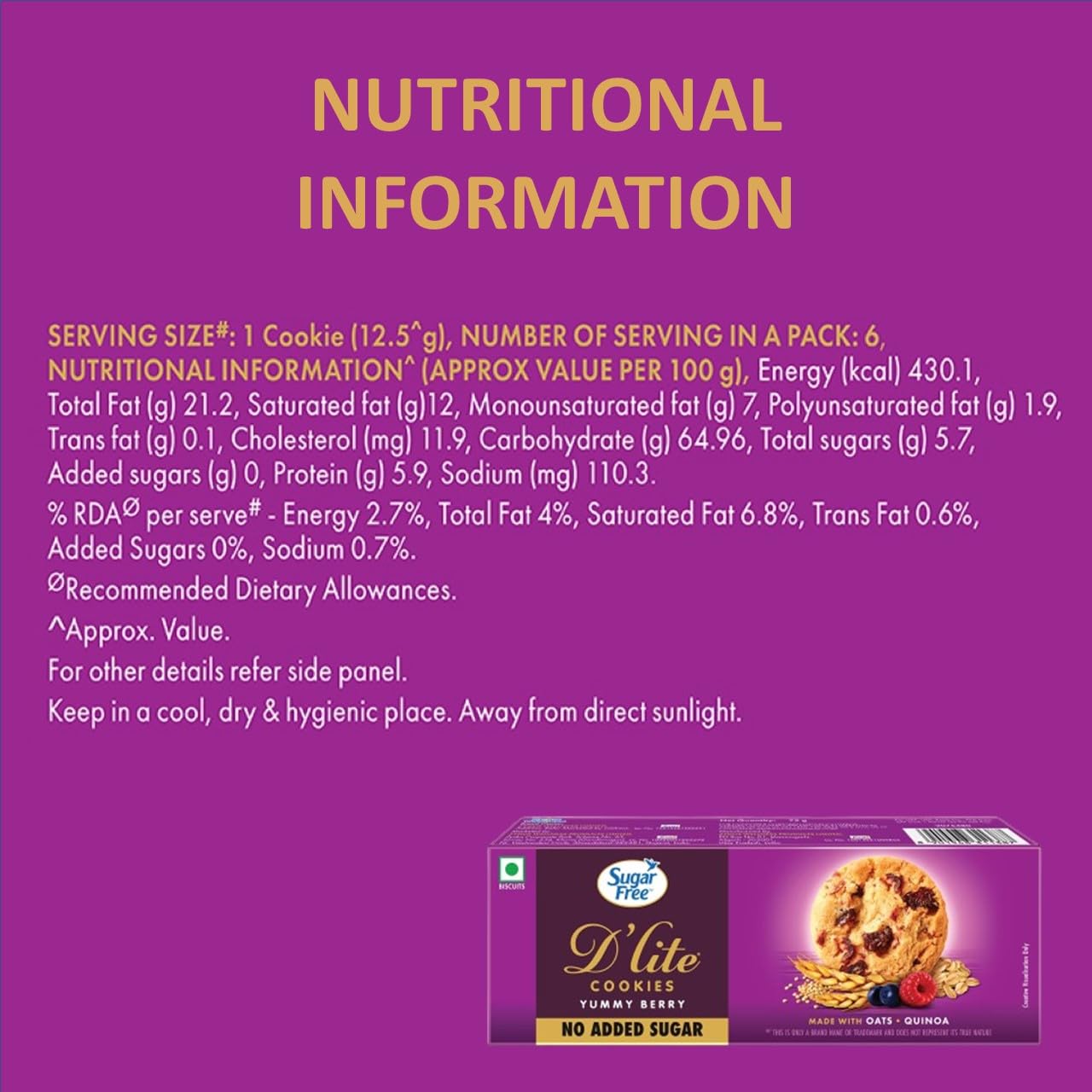 Sugar Free D’Lite Yummy Berry Cookies | Zero Added Sugar | Made with Oats & Quinoa 75g