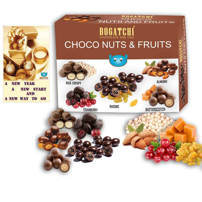 BOGATCHI Chocolate Coated Assorted Nuts and Fruits, New Year Special Rich Dry Fruit Collection Gift, 100g + Free New Year Greeting Card