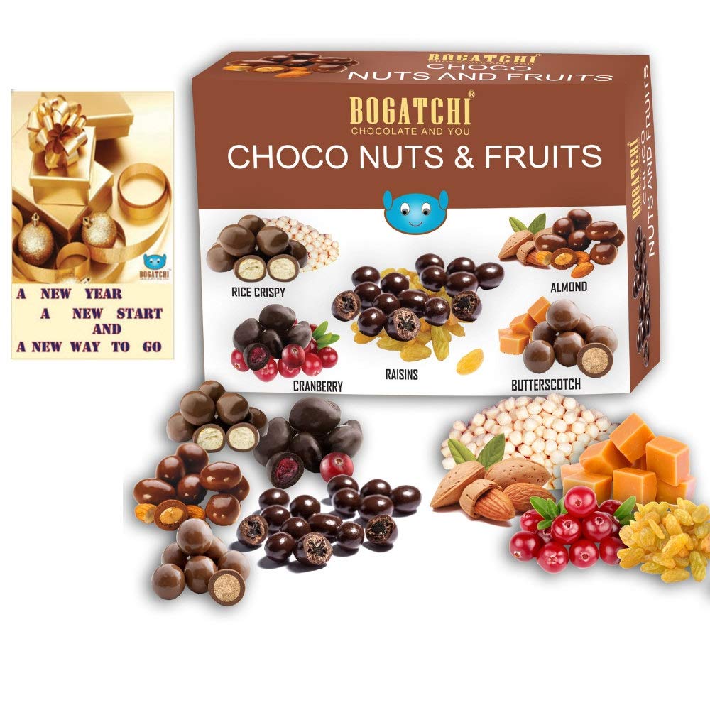 BOGATCHI Chocolate Coated Assorted Nuts and Fruits, New Year Special Rich Dry Fruit Collection Gift, 100g + Free New Year Greeting Card