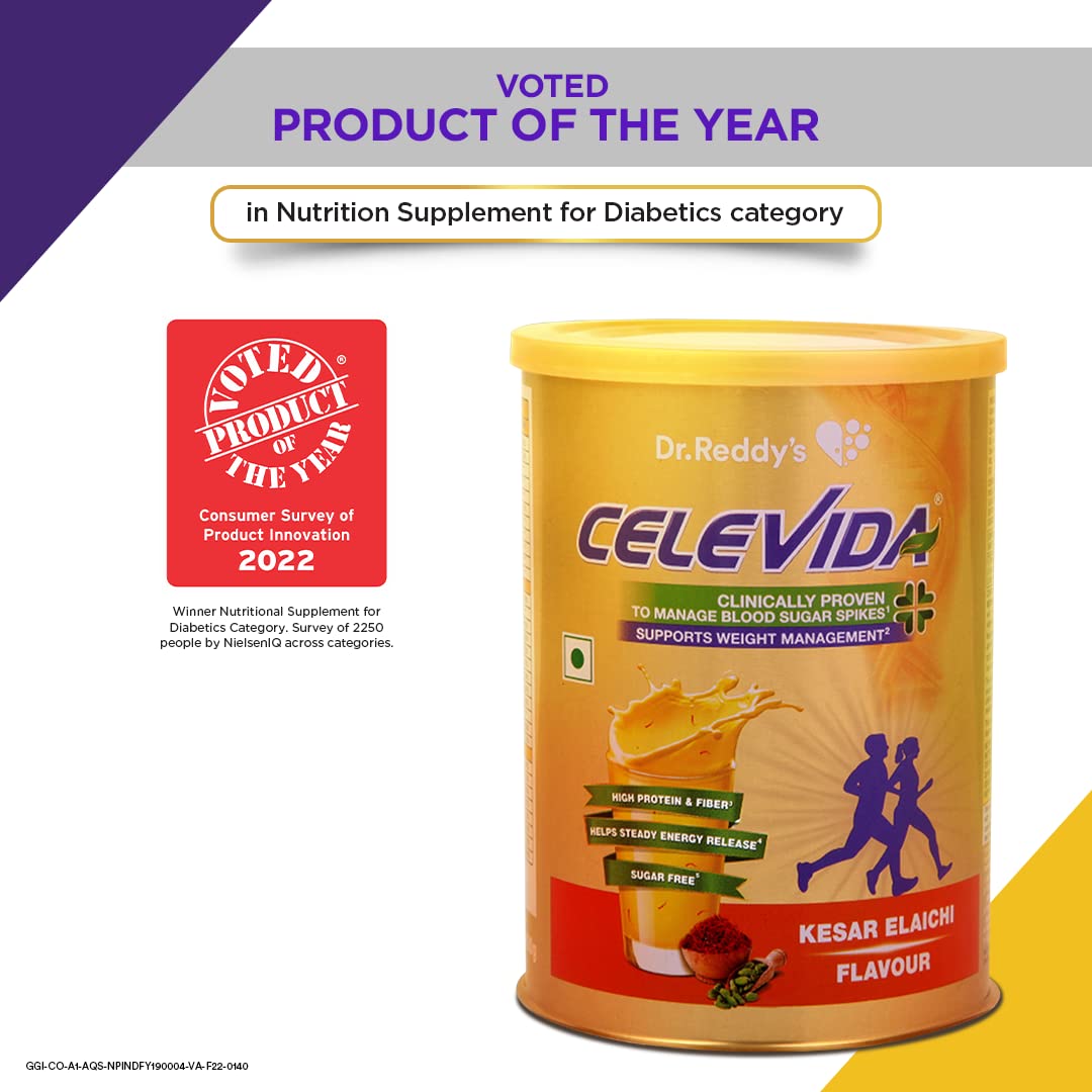 Celevida Protein Powder Drink for Diabetes Management by Dr. Reddys| Kesar Elaichi Flavour| No Added sugar | Millet based | For Glycemic control & Immunity Support | 400gm