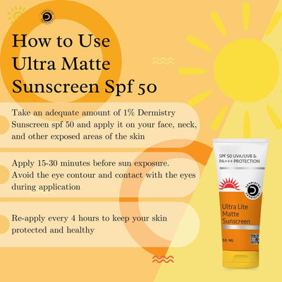 Dermistry Ultra Lite Matte Finish Oil Free SPF 50 Sunscreen, For Oily Acne Prone & All Skin Types, Face Body Moisturizer Daily Use Broad Spectrum No White Cast, Light Water Based Men Women 50ml