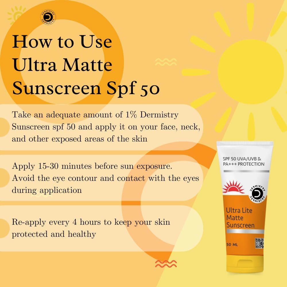 Dermistry Ultra Lite Matte Finish Oil Free SPF 50 Sunscreen, For Oily Acne Prone & All Skin Types, Face Body Moisturizer Daily Use Broad Spectrum No White Cast, Light Water Based Men Women 50ml