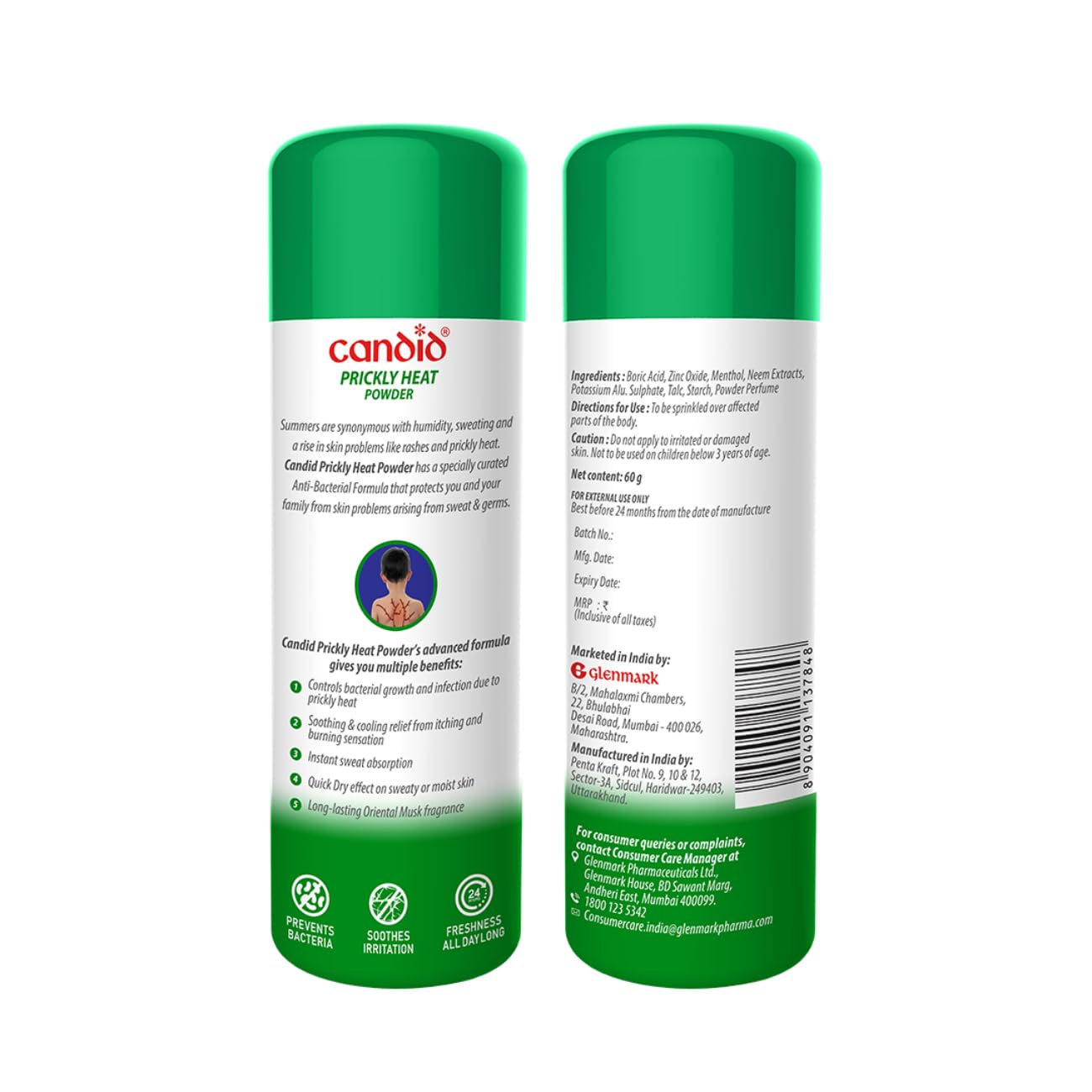 Candid Prickly Heat Powder | Relief from Rashes & Prickly Heat | Neem & Menthol Cooling | Soothing Relief from Itching & Burning | Sweat Absorption | Controls Bacterial Growth | 120g