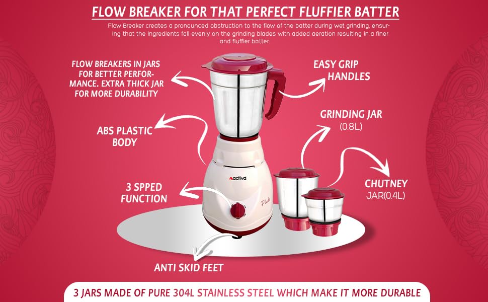 ACTIVA Plastic Pluto Pro Mixer Grinder, 500W, 3 Jars (White) 2 Year Warranty (Ivory Maroon), 500 Watts