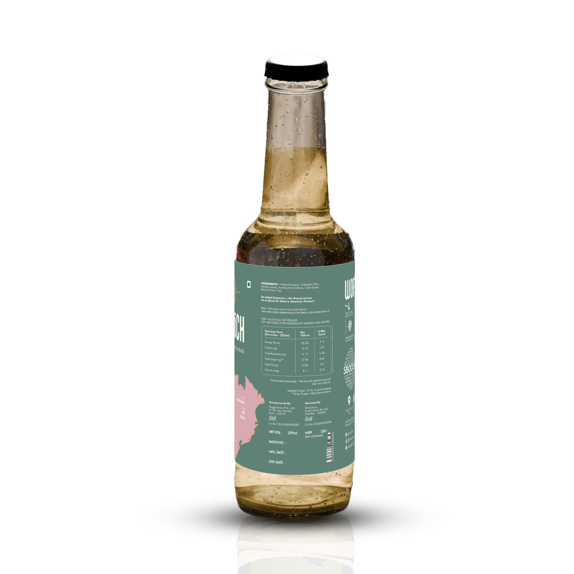 SBOOCH - Indian Sparkling Kombucha Tea | Rice & Pandan Flavor |275ml Pack of 6| Gut-Friendly Beverage | Antioxidant-Rich Zero Preservatives | Alcohol-Free Fermented Tea | Vegan & Gluten-Free