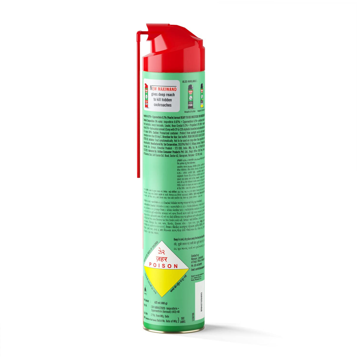 Baygon Max Cockroach Killer Spray, 625ml | Kills Diarrhea and Typhoid Spreading Cockroaches | 360 Degree Deep-Reach MaxiWand | Lasts Up To 4 Weeks