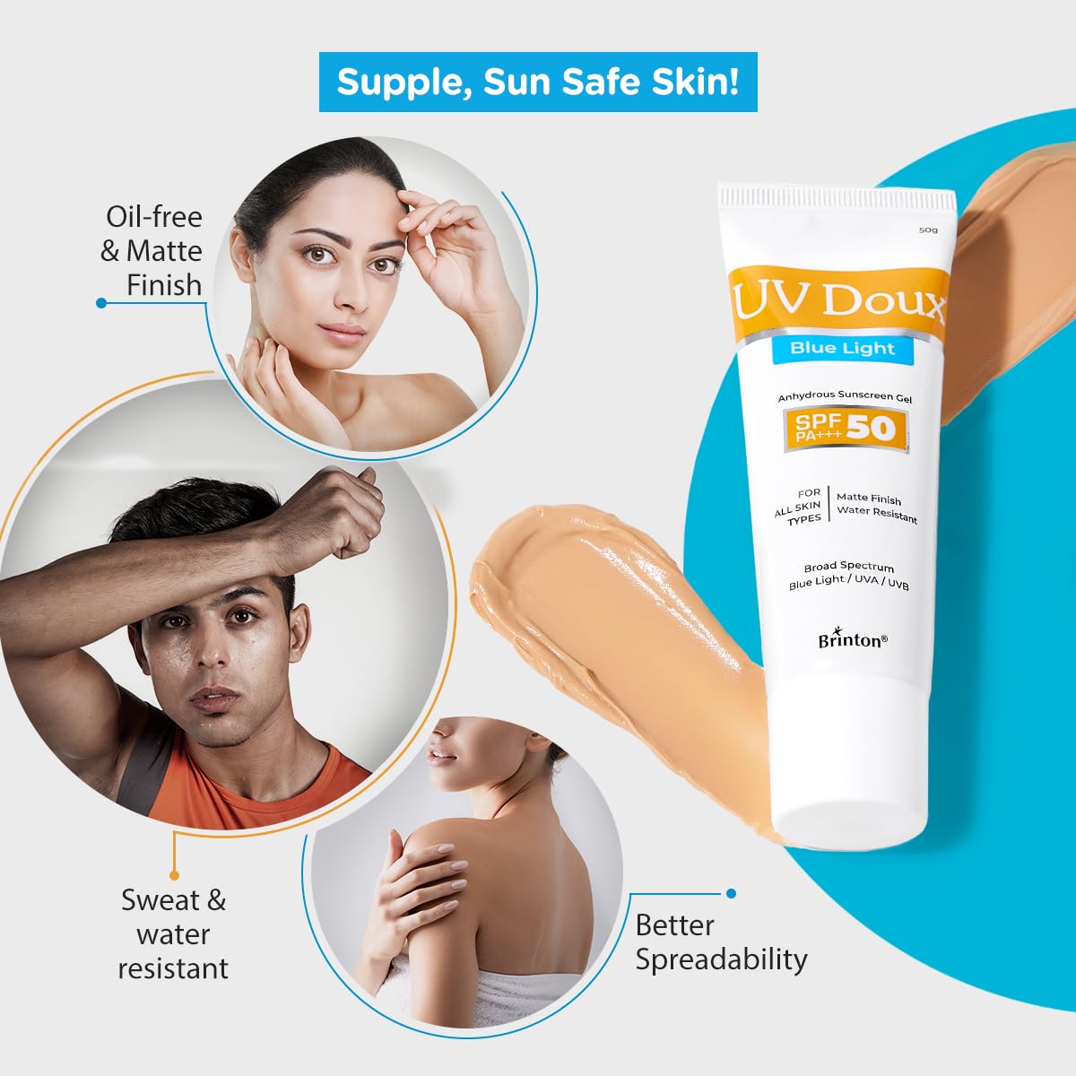 Brinton UV Doux Blue Light Sunscreen Protection Gel SPF 50 PA+++ UVA/UVB for Men & Women | Matte Finish & Water Resistant | For All Skin Types, 50g
