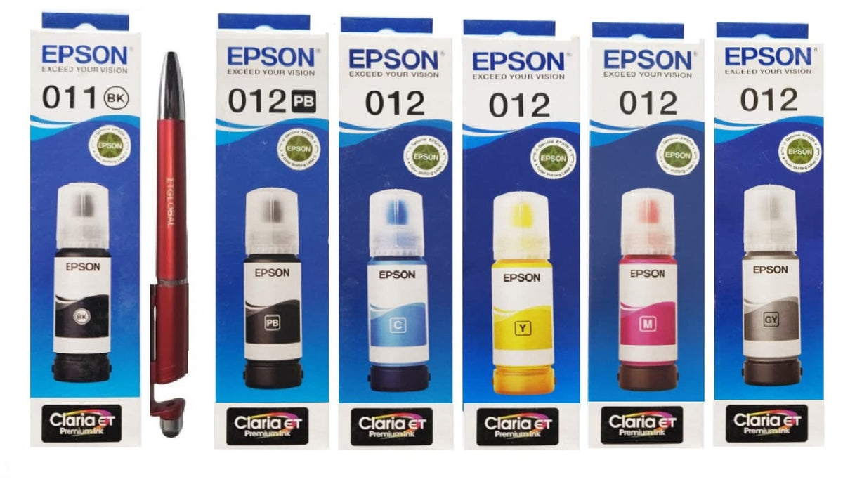 Epson 011 PB 012 B/C/Y/M/Gr Ink Bottle (Set of 6) 3in1 Multi-Function Mobile Phone Stand, Stylus Pen, Anti-Metal Texture Rotating Ballpoint Pen (Very Colors)