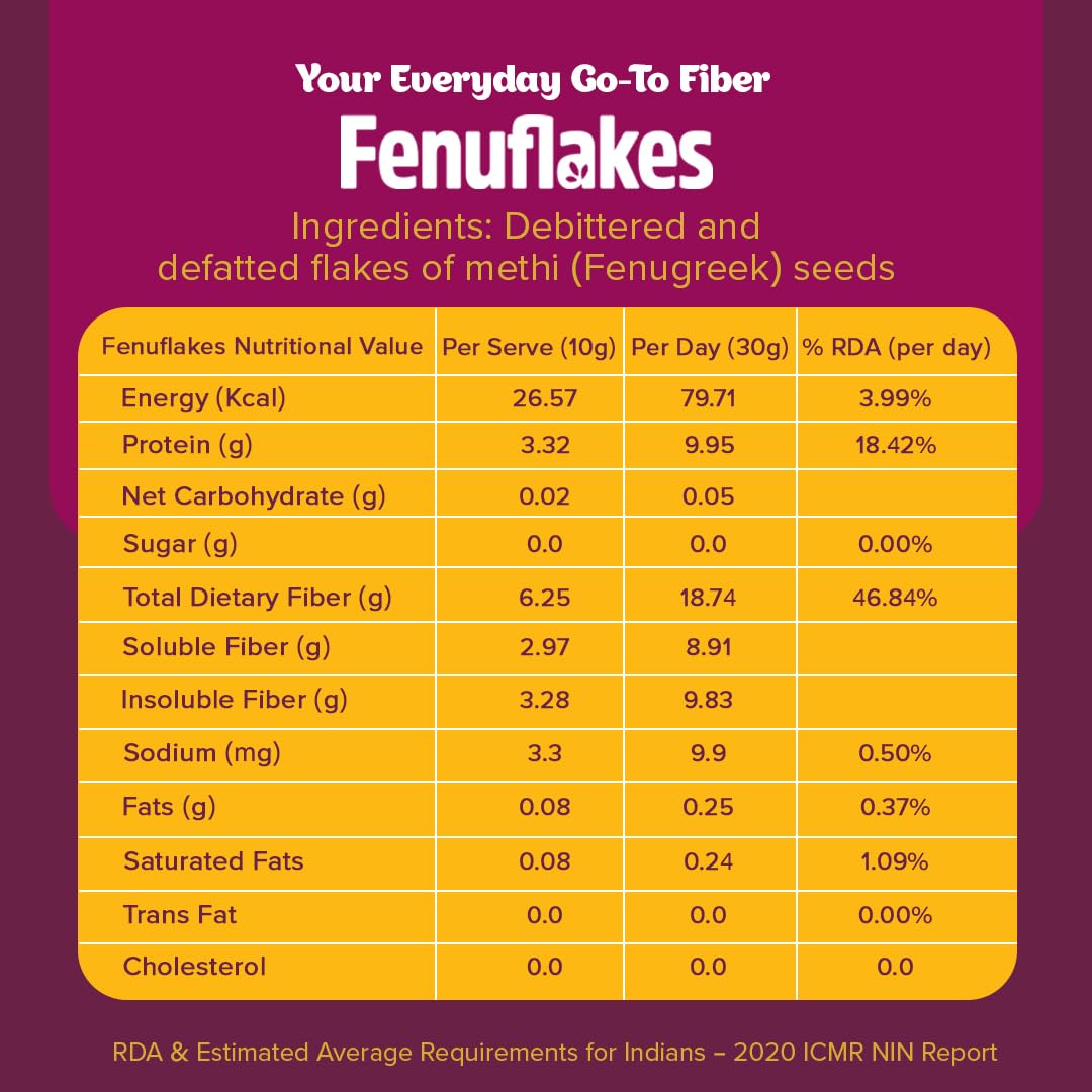 Fenuflakes 300g Fiber supplement | Bloating,acidity,&constipation relief |High Protein|Prebiotic fiber| low carbs |Aids in managing blood sugar levels |Neutral in taste |Add to any food| 30 servings.