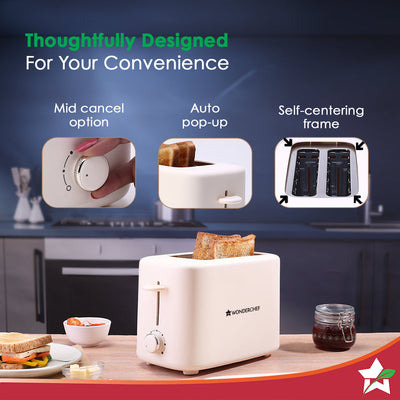 Bellagio 2-Slice Pop-up Toaster with Lid Cover | 800 Watt | 2 Bread Slice | 6- Level Browning Controls|Wide Bread Slots| Auto Shut Off | Easy to Clean| White| 2 Year Warranty