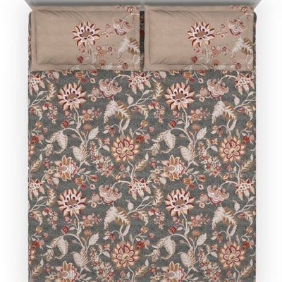 DDecor Grey & Maroon Ethnic Motifs 140 TC Cotton Queen Bedsheet with 2 Pillow Covers