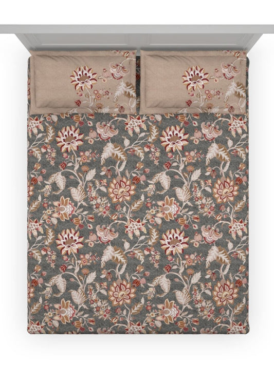DDecor Grey & Maroon Ethnic Motifs 140 TC Cotton Queen Bedsheet with 2 Pillow Covers
