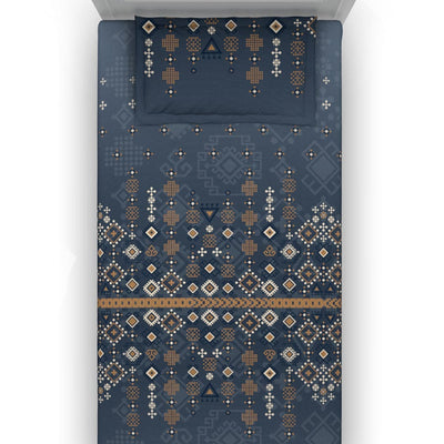 DDecor Blue & Brown Ethnic Motifs Cotton 150 TC Single Bedsheet with 1 Pillow Cover