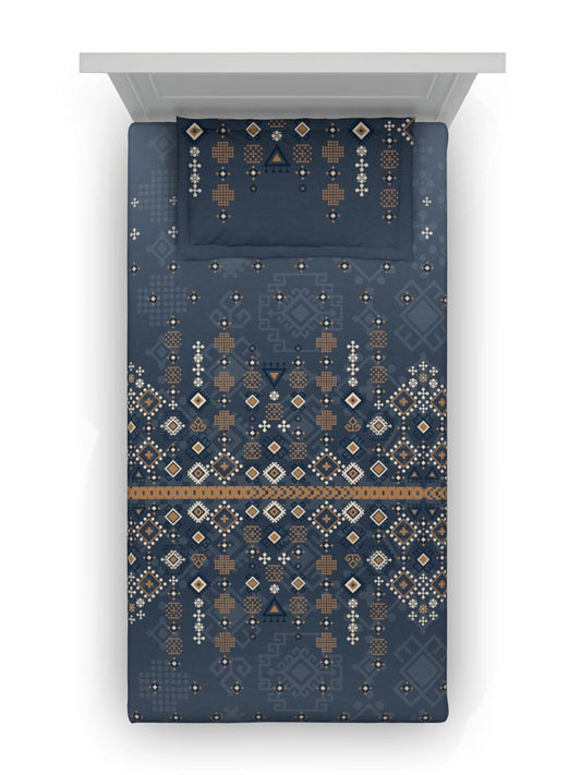 DDecor Blue & Brown Ethnic Motifs Cotton 150 TC Single Bedsheet with 1 Pillow Cover