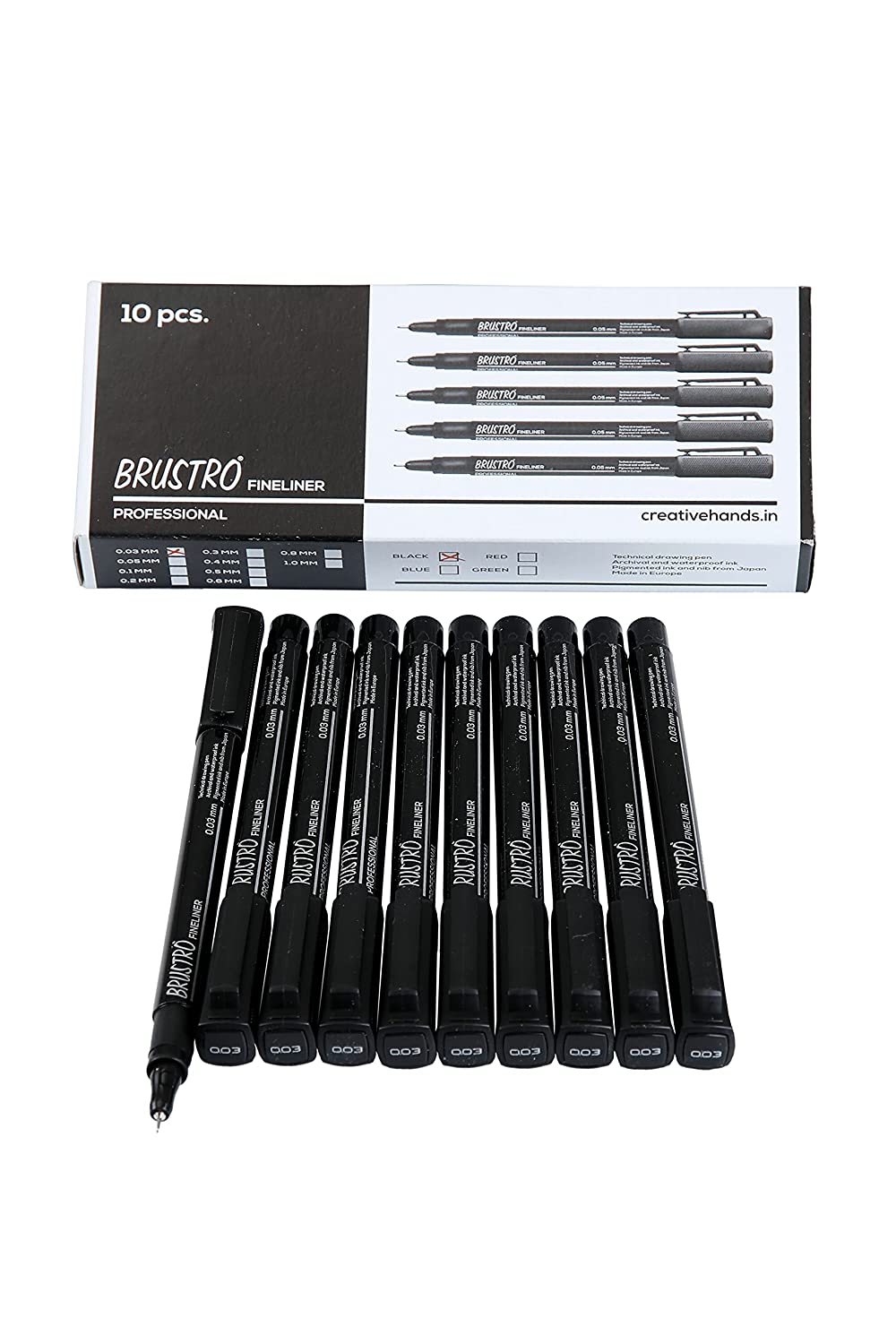 Brustro Professional Pigment Based Fineliner Black | Set of 10| Tip Size 0.03, 0.05, 0.1, 0.2, 0.3, 0.4, 0.5, 0.6, 0.8 and 1mm |Archival Waterproof UV Resistant Ink|Ideal For Technical Drawing,Waterproof,Artist Illustration,Sketching,Mandala