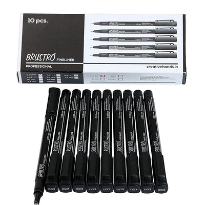 Brustro Professional Pigment Based Fineliner | Black | Set of 10 - Tip Size 0.03mm |Archival Waterproof UV Resistant Ink |Ideal For Technical Drawing,Waterproof,Artist Illustration,Sketching,Mandala
