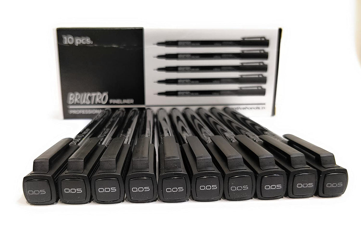 Brustro Professional Pigment Based Fineliner Black | Set of 10| Tip Size 0.03, 0.05, 0.1, 0.2, 0.3, 0.4, 0.5, 0.6, 0.8 and 1mm |Archival Waterproof UV Resistant Ink|Ideal For Technical Drawing,Waterproof,Artist Illustration,Sketching,Mandala